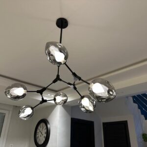 Suspension Design Moderne 6 Lumières – Sphères Organiques avec Cristaux Intérieurs [Noir / Doré]