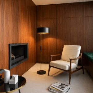 Lampadaire Design Noir et Doré avec Abat-jour Cylindrique – Luminaire Élégant pour Salon