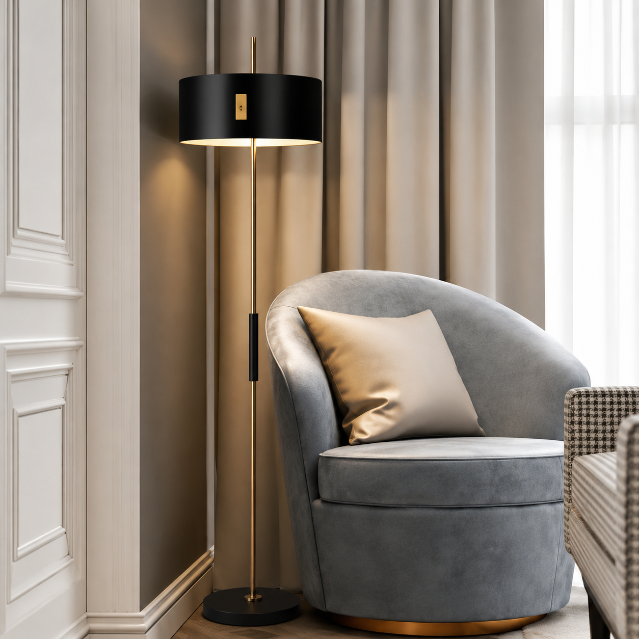 Lampadaire Design Noir et Doré avec Abat-jour Cylindrique – Luminaire Élégant pour Salon - Image 4
