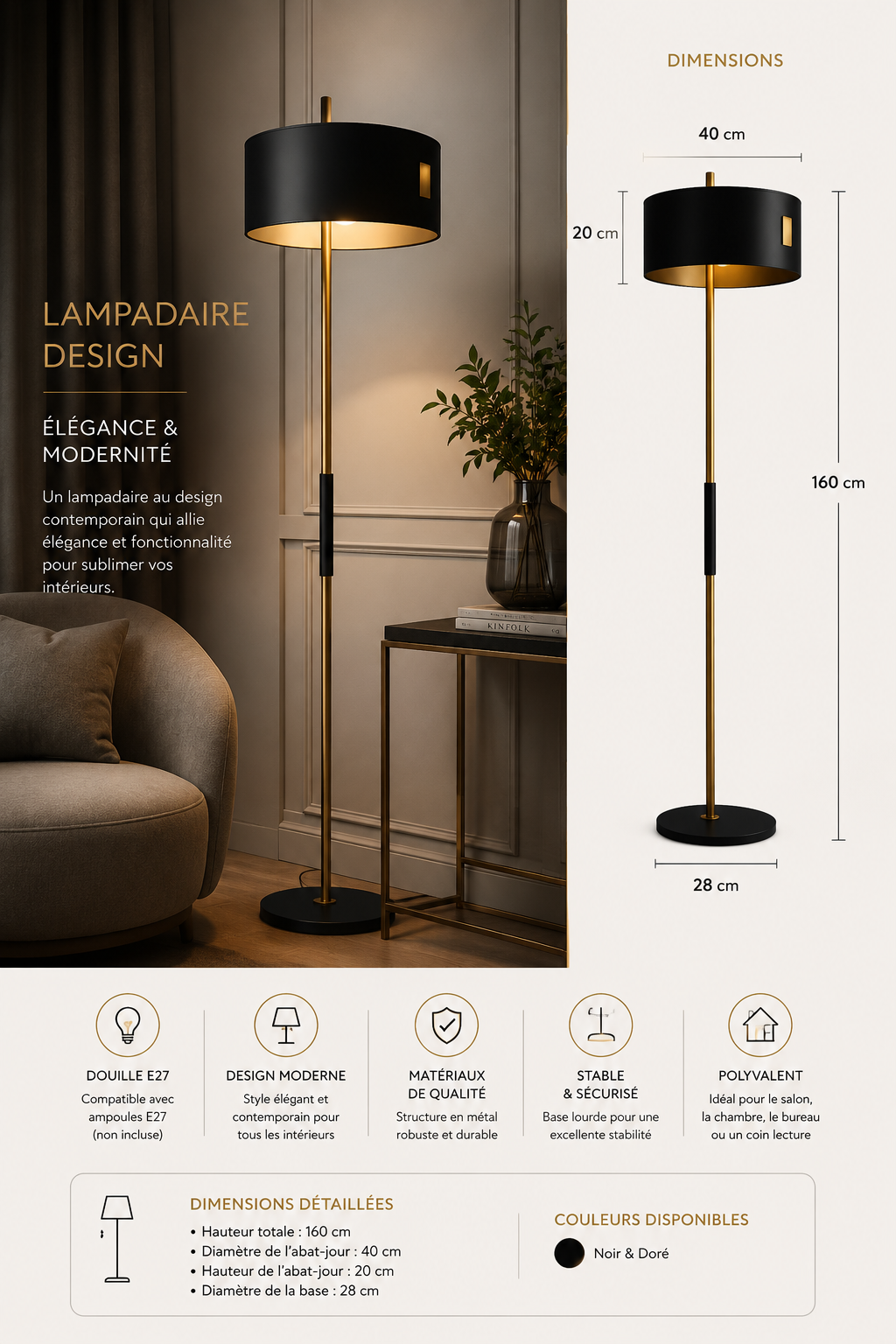 Lampadaire Design Noir et Doré avec Abat-jour Cylindrique – Luminaire Élégant pour Salon - Image 2